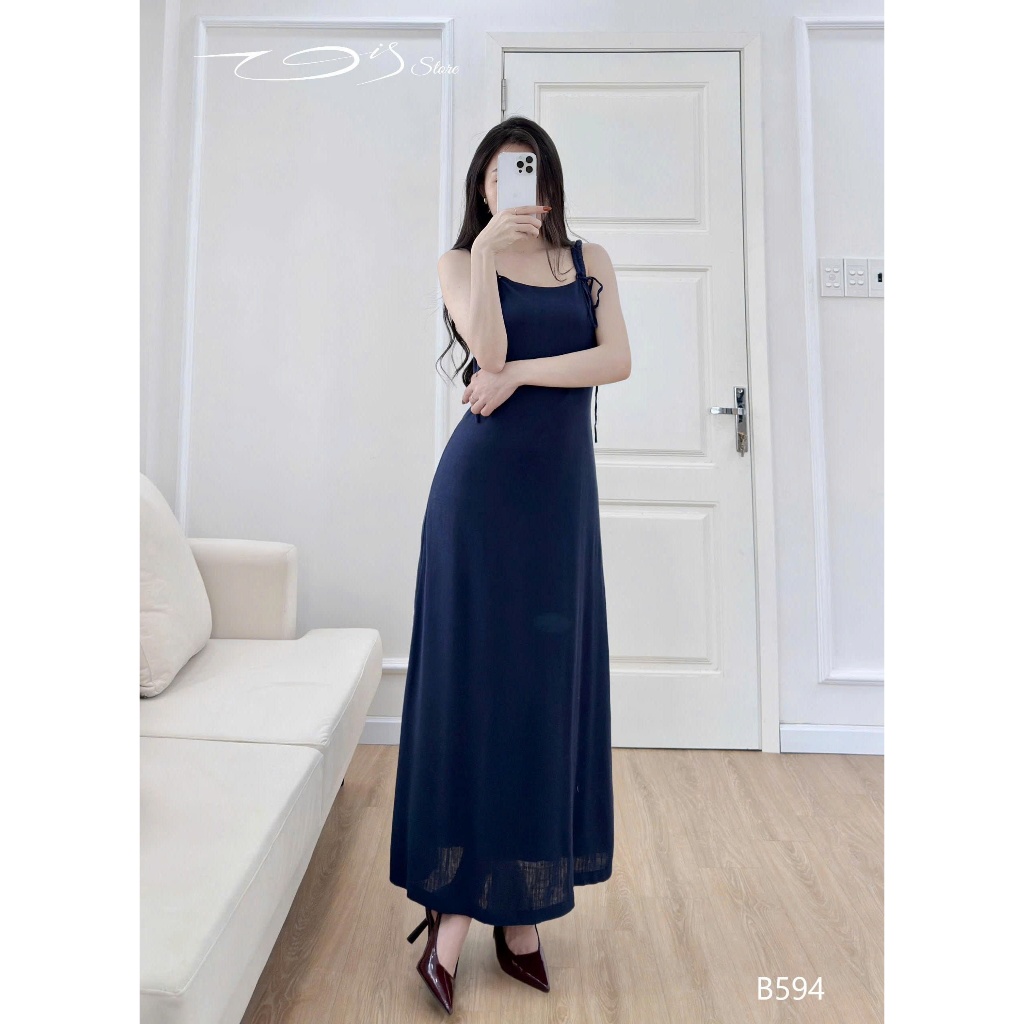 Vis Store - Đầm hai dây maxi linen xanh navy suông nhẹ