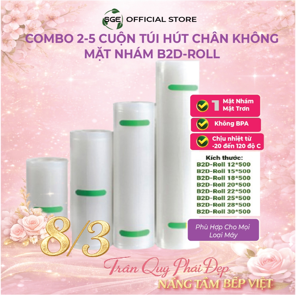 [SALE cả tháng] COMBO 2-5 cuộn Túi Hút Chân Không 1 mặt nhám SGE dùng cho mọi loại máy hút, tiêu chuẩn ATTP