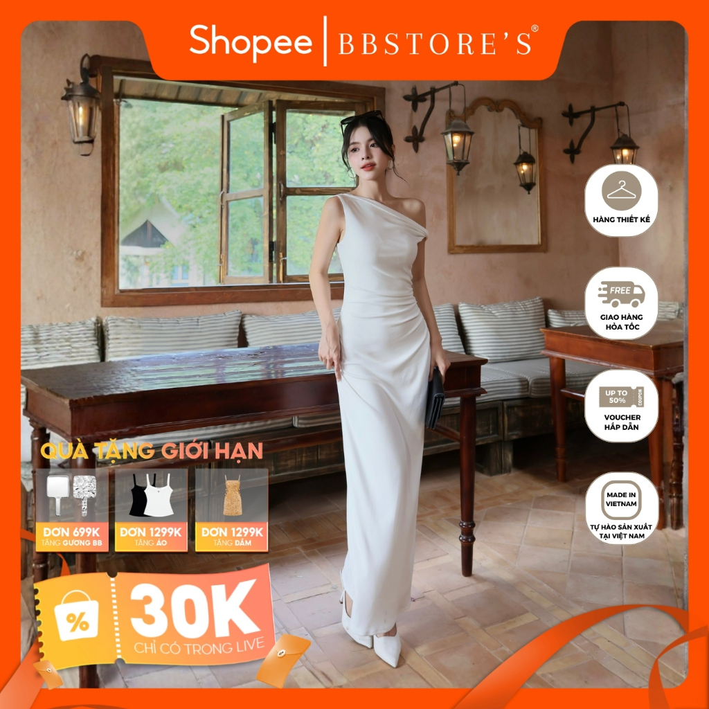 Đầm Dài Lệch Vai Nhún Eo Chất Thun Boa BBSTORE'S - D4314T
