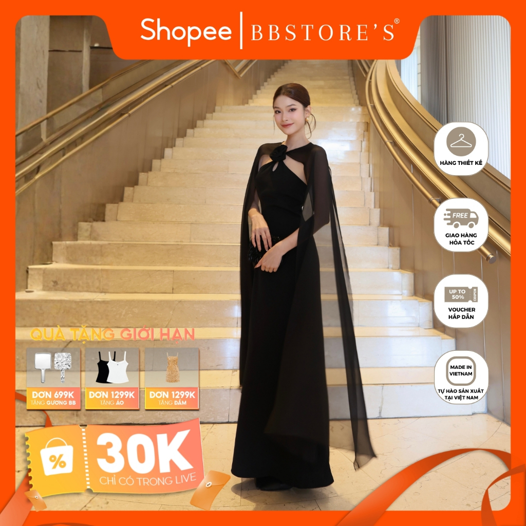 [BBSTORE'S] Đầm Body Tiệc Dài Cổ Yếm Kết Hoa Chất Cotton Lụa Kèm Choàng Voan - D4344T