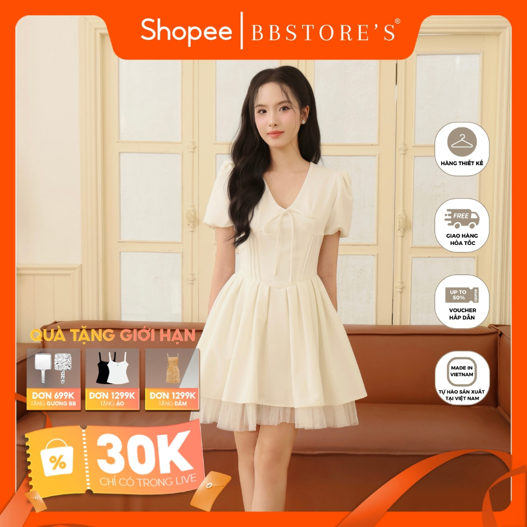 [MissChic by BBSTORE'S] Đầm Xòe Dạo Phố Ngắn Cổ V Tay Phồng Chất Cotton Mịn - D4150B