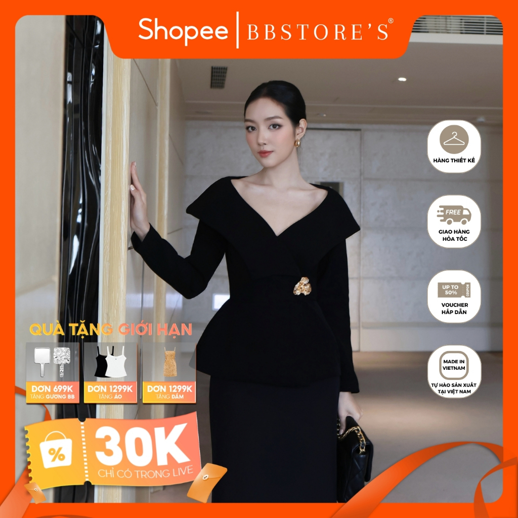 [GRACY BY BBSTORE'S] Áo Kiểu Dự Tiệc Tay Dài Phom Peplum Cổ V Chất Gold Gân (kèm tag cài) - A4305B