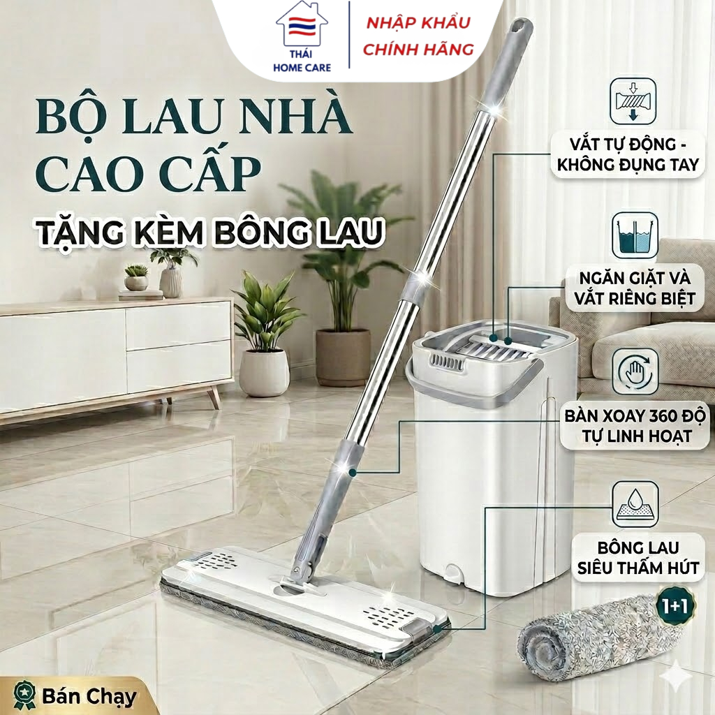 Cây Lau Nhà Thông Minh Mop Scratch M15 - Bộ Lau Nhà Tự Vắt Xoay 360 Độ Kèm 2 Ngăn Tách Nước Bẩn ( Tặng Kèm Bông Lau)