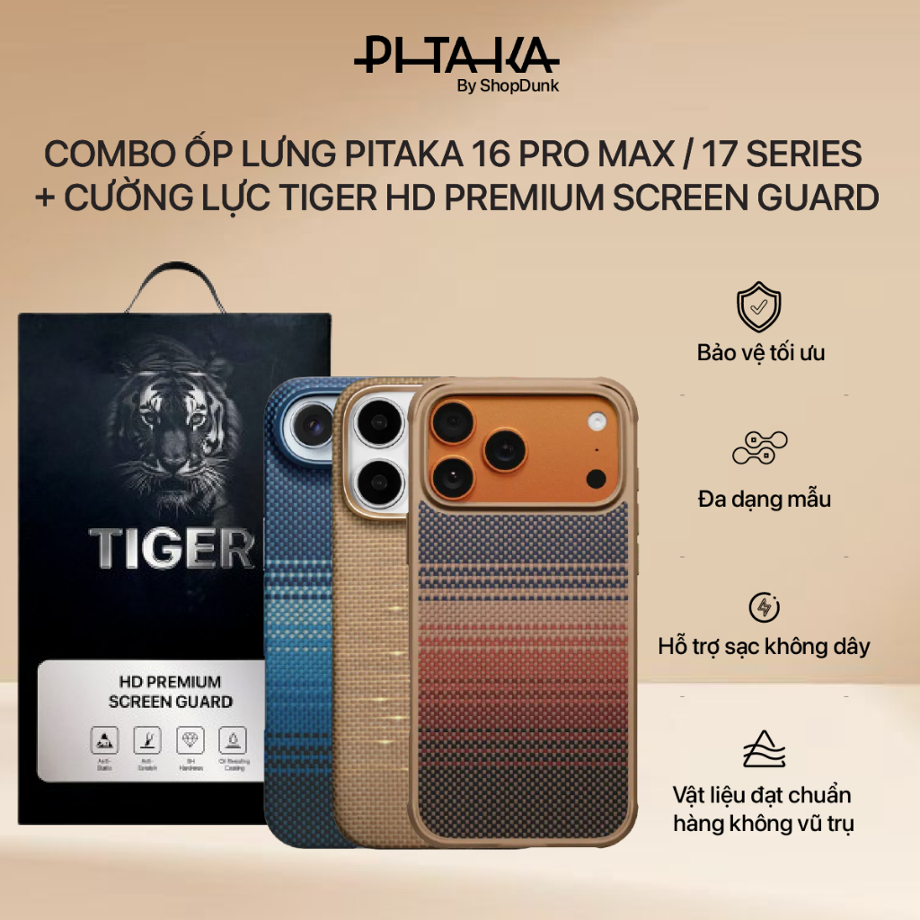 [COMBO ỐP LƯNG + CƯỜNG LỰC] Ốp Pitaka & Cường lực Tiger HD Premium Screen Guard cho iPhone 16 Pro Ma