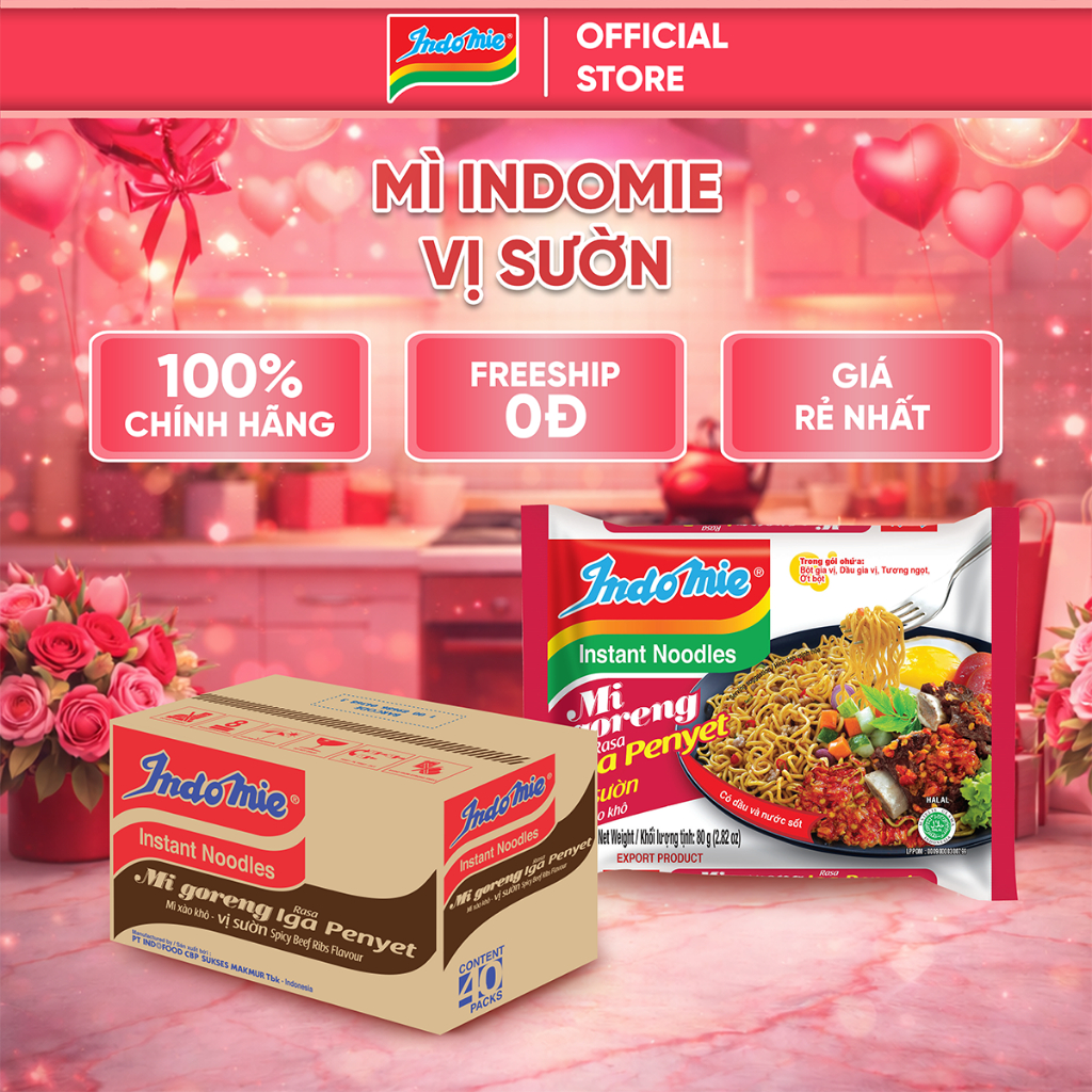 Mì Indomie vị Sườn, mì trộn thơm đậm vị sườn Indonesia 80g x thùng 40 gói