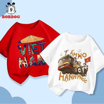 Áo thun cho bé BOBDOG áo cộc cổ tròn chất liệu cotton thoáng mát in hình ấm no hạnh phúc cho bé