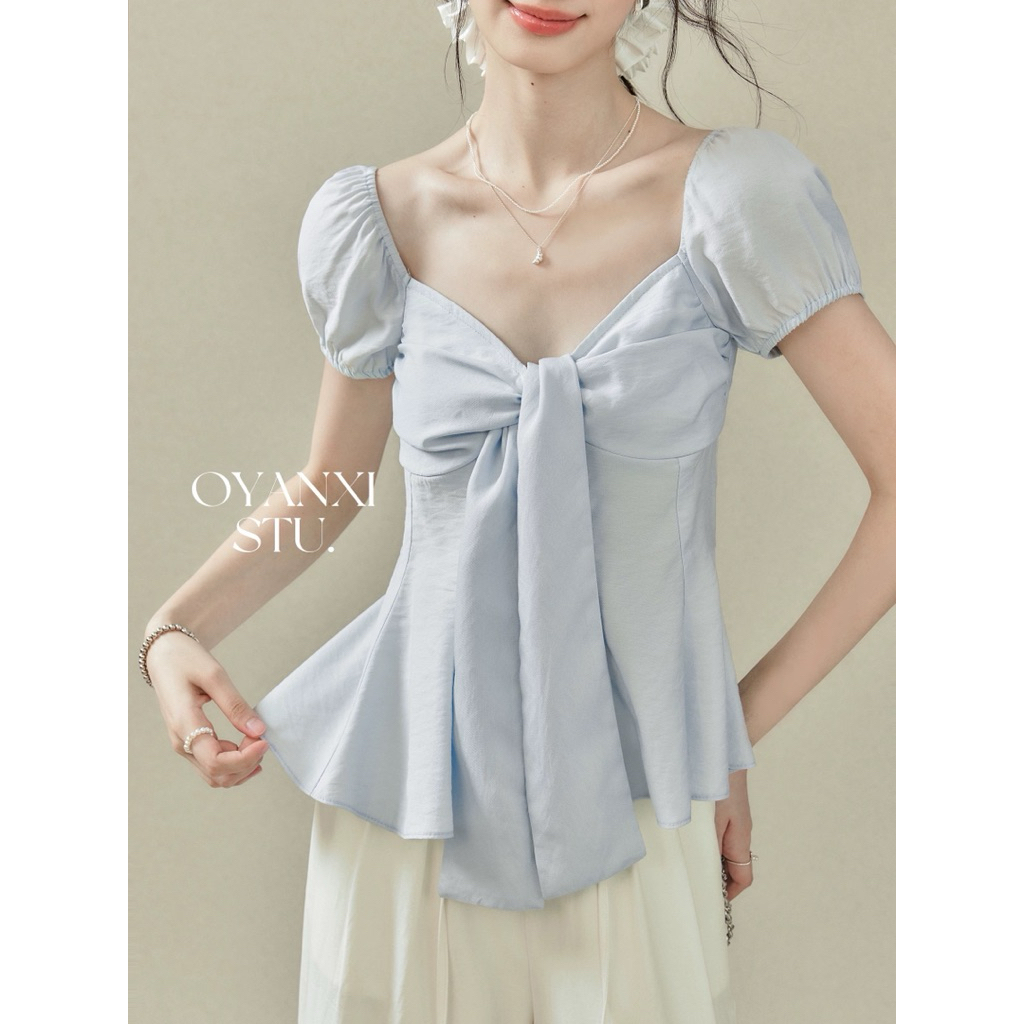 OYANXI- SM16 áo kiểu Hàn Quốc dáng phồng tay ngắn màu xanh pastel