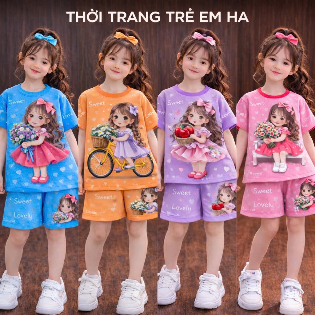 Combo 4 bộ bé gái cộc tay in hình bé gái dễ thương, chất thun lạnh, thoáng mát, thoải mái cho bé vận động, từ 10-55kg