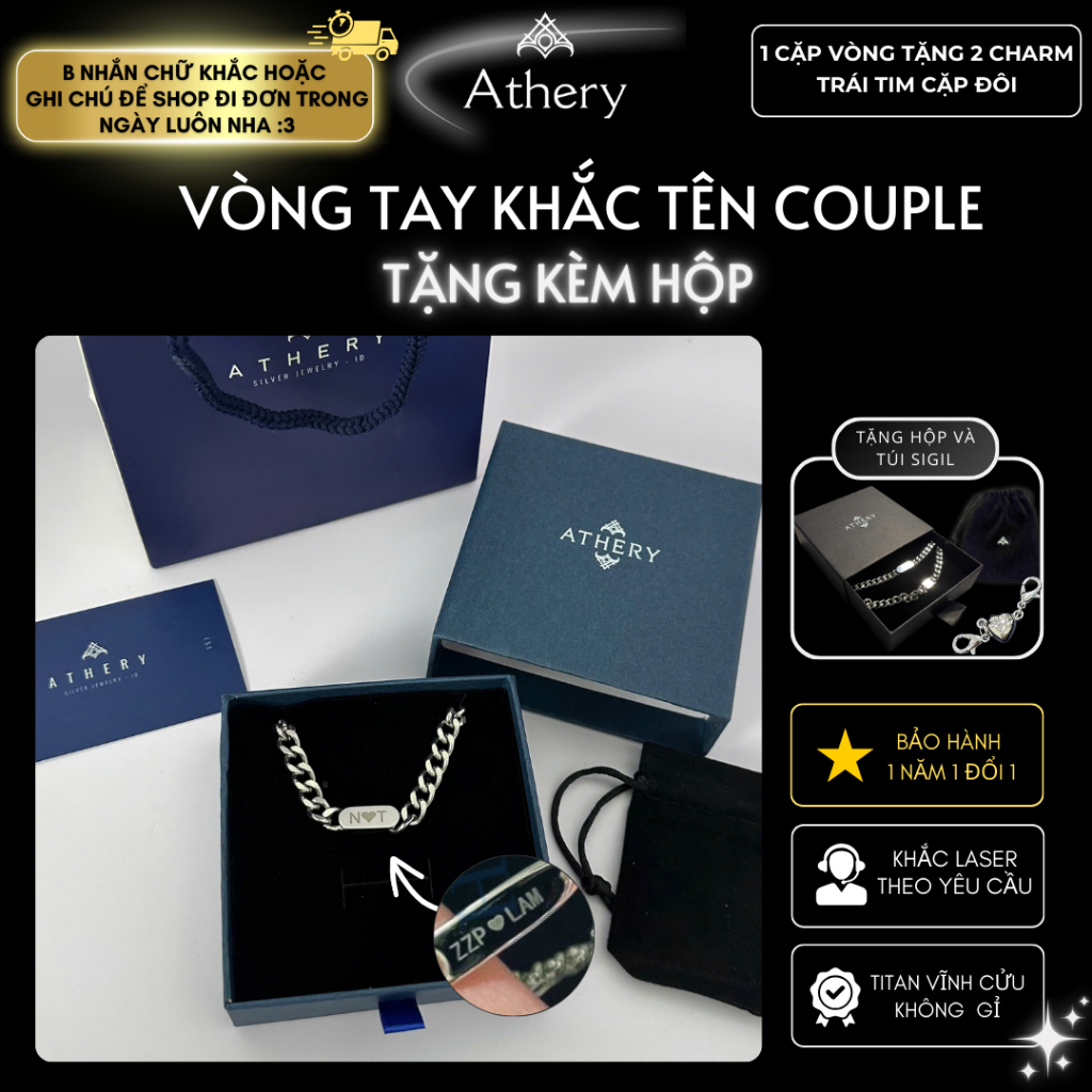 [Khắc tên + Tặng hộp] Vòng tay Nam/Nữ Couple - Phụ kiện trang sức Athery Titan Unisex Bền Bỉ không đ