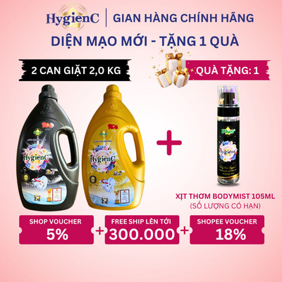 Combo 2 Can Nước Giặt HygienC Plus 2,0Kg/Can Đậm Đặc Hương Nước Hoa - Hàng Chính Hãng