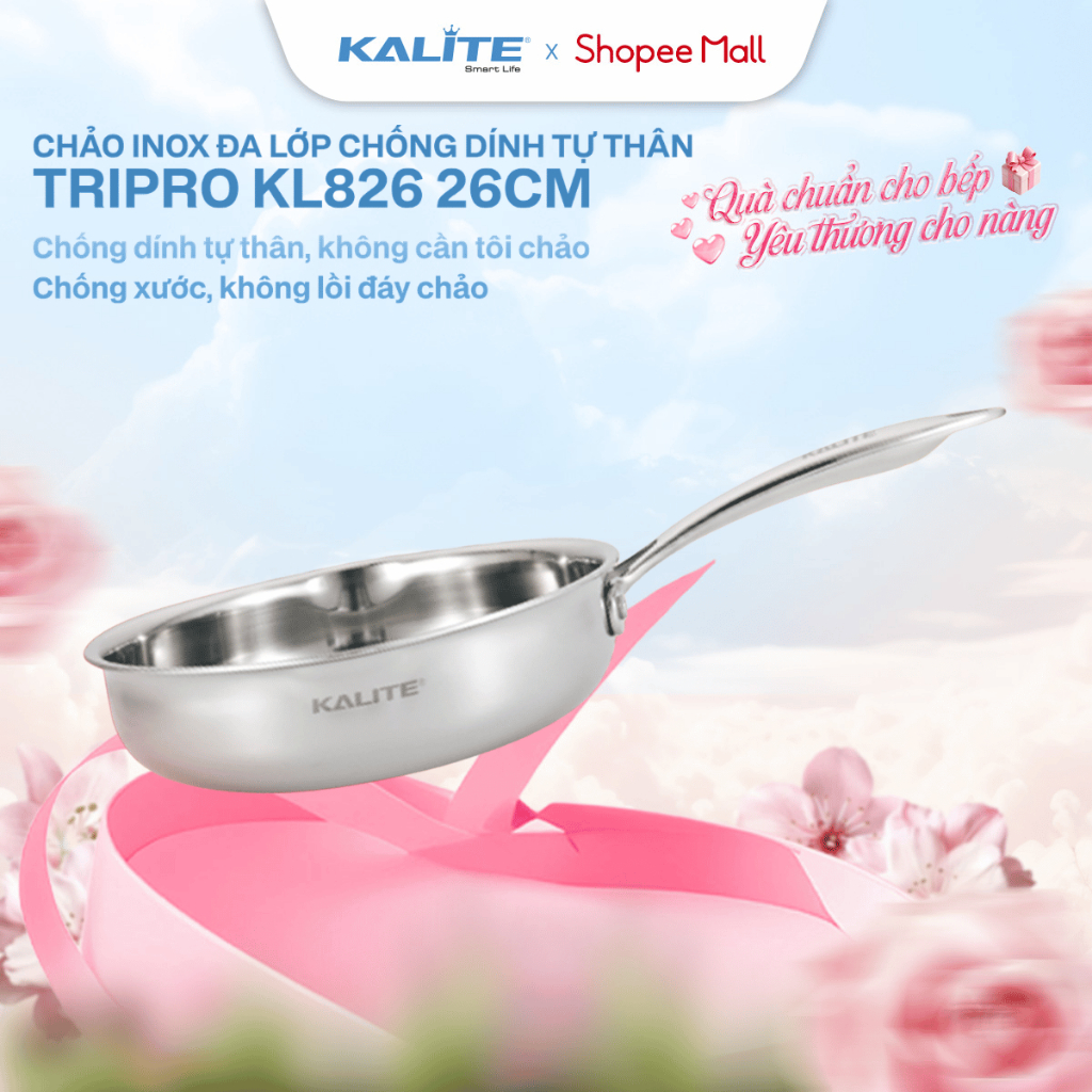Chảo inox nguyên khối 3 lớp TRIPRO KALITE KL826 26 cm chống dính tự thân phù hợp với mọi loại bếp