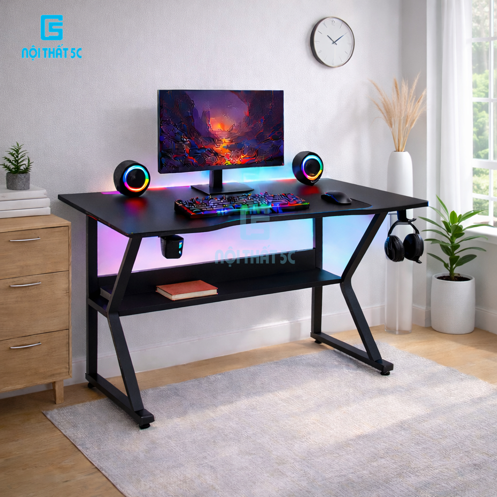 Bàn làm việc chân chữ K cong kèm kệ lửng, bàn gaming giá xưởng chân sắt 2x4cm sơn tĩnh điện chắc chắn lắp ráp dễ dàng