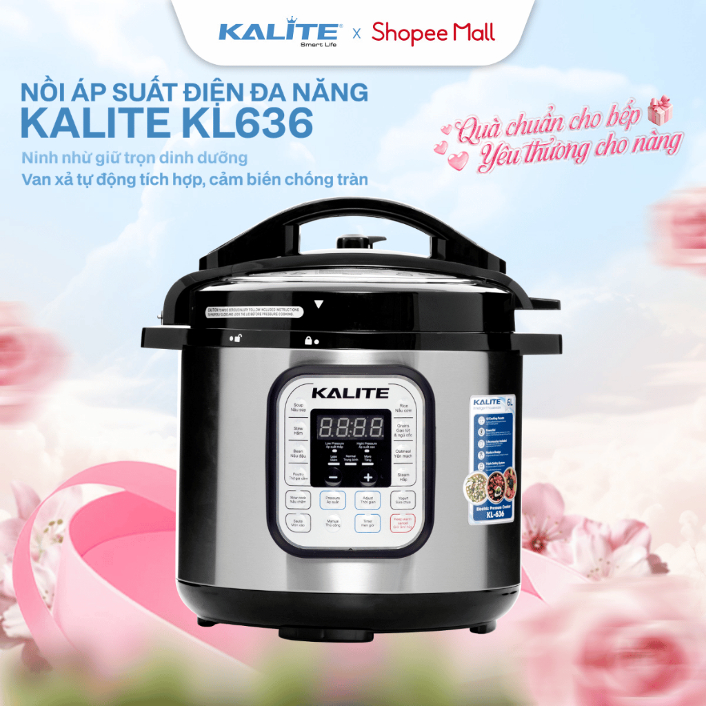 Nồi áp suất điện đa năng Kalite KL636 dung tích 6L,10+ chế độ nấu hầm đa năng, nút bấm điện tử, BH 1