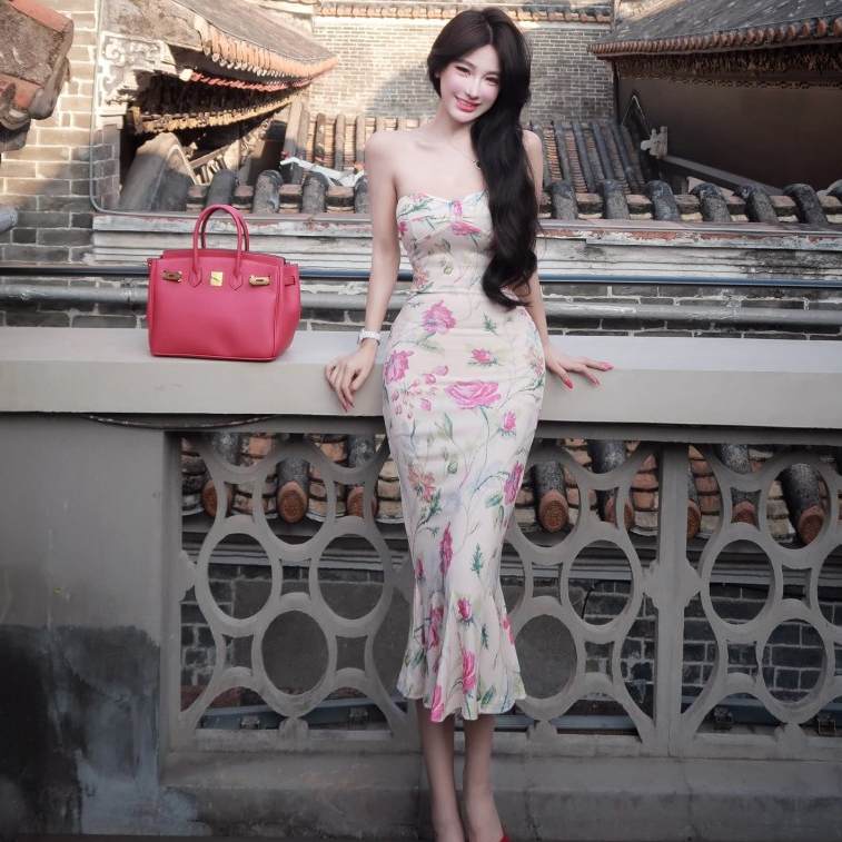 DM4008 Váy hoa dáng đuôi cá ôm body cúp ngực sexy, quyến rũ