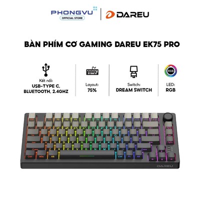 Bàn phím cơ Gaming DAREU EK75 PRO Cloudy Aqua (Đen Xám) - 3 Mode - Hotswap - Bảo hành 24 tháng