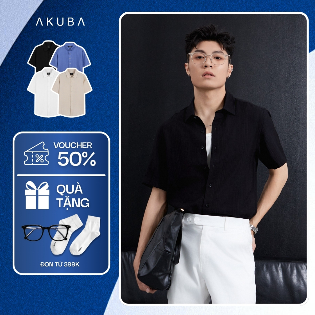 Áo sơ mi nam tay ngắn AKUBA form regular, vải linen thoáng mát, trẻ trung, nam tính | 01ME1024