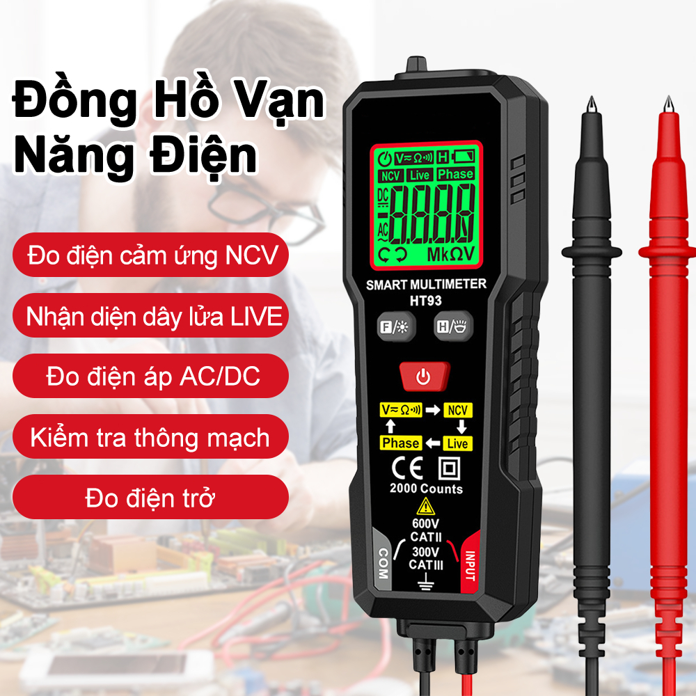 HT93 Máy kiểm tra điện áp vạn năng kỹ thuật số 2000 Đếm 600V AC / DC Vôn Đồng hồ đo NCV