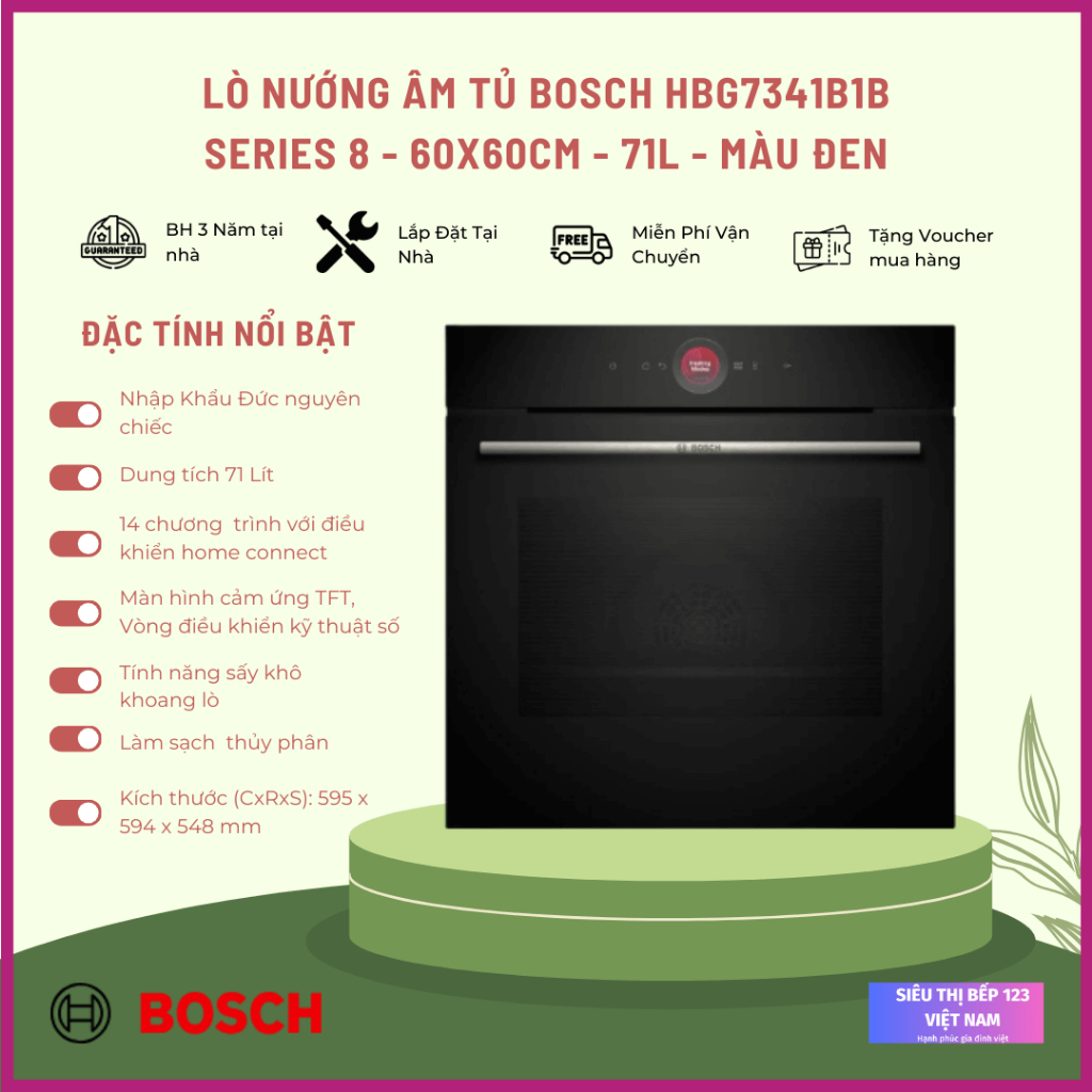 LÒ NƯỚNG ÂM TỦ BOSCH HBG7341B1B/HBG7241B1 SERIE 8: THỦY PHÂN,DUNG TÍCH 71L, MÀU ĐEN, MADE IN GERMANY