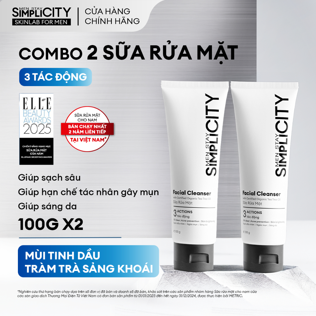 Combo 2 Sữa rửa mặt nam Men Stay Simplicity 3 tác động giúp sạch dầu nhờn, hỗ trợ ngừa mụn, sáng da 100gx2