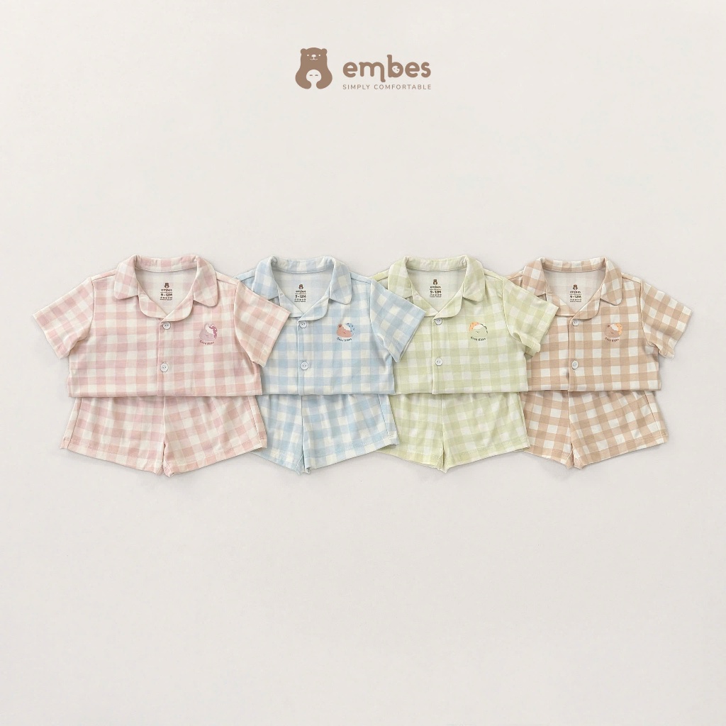 Bộ Pijama Cộc Tay Cho Bé Embes, Bộ Đồ Ngủ Pyjama Cộc Tay Chất Thun Cotton Mát Lạnh Bé Trai Bé Gái 8-18kg
