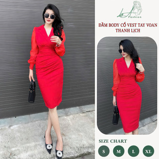 Đầm Body Công Sở Dự Tiệc Thiết Kế Cổ Vest Tay Dài Nhún Bụng Chất Liệu Voan Phối Umi Size 40-65Kg