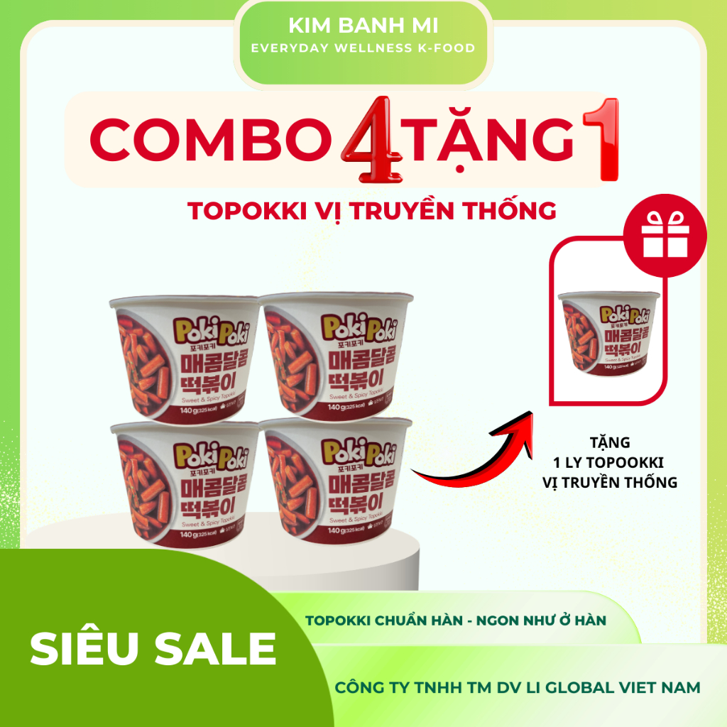 MUA 4 TẶNG 1- Bánh gạo ly Topokki GJB vị Truyền thống- POKI POKI Spicy & Sweet Topokki ly 140g