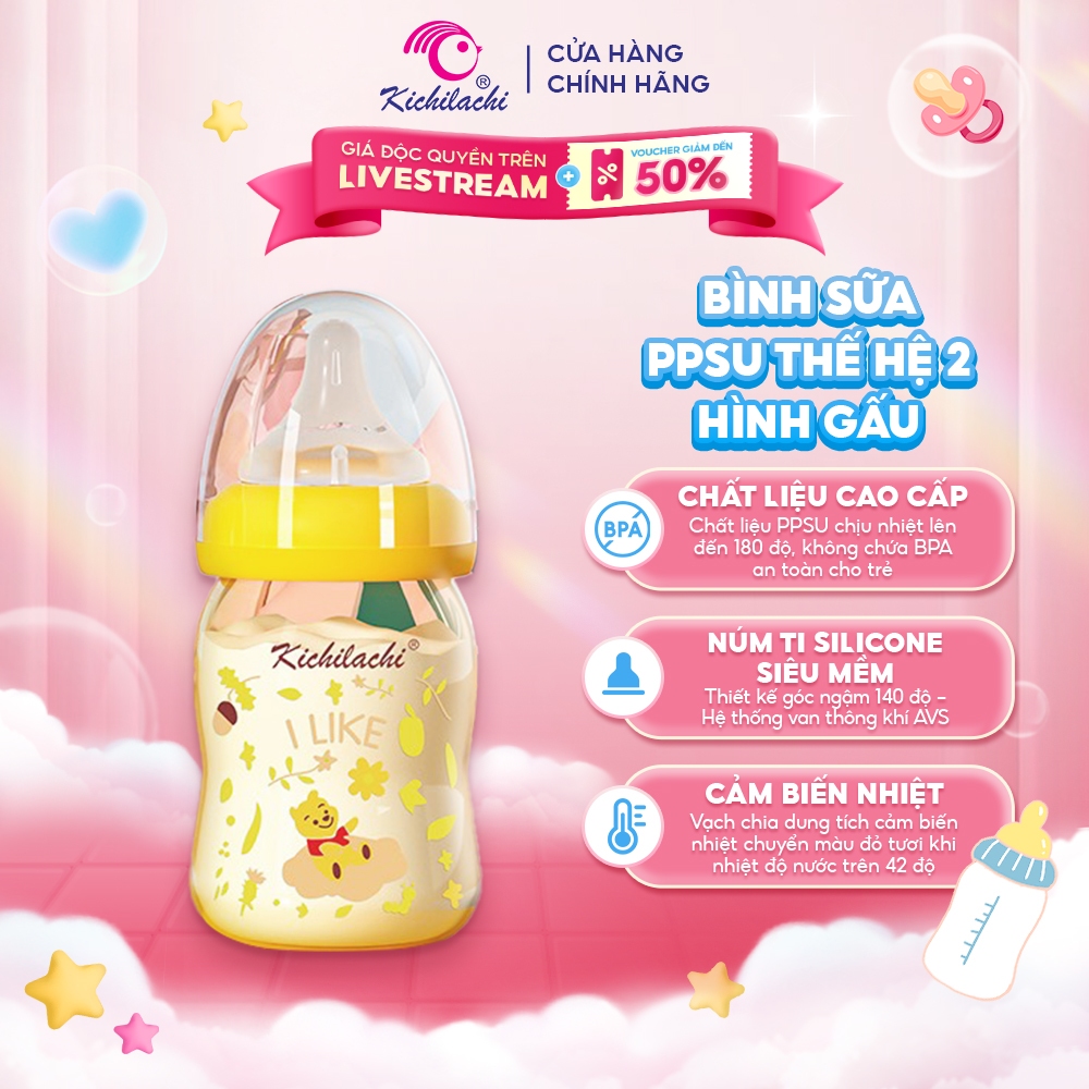 Bình Sữa Cho Bé Kichilachi PPSU Thế Hệ Thứ II,Phiên Bản Hình Gấu Núm Ti Siêu Mềm Chống Sặc Và Đầy Hơ