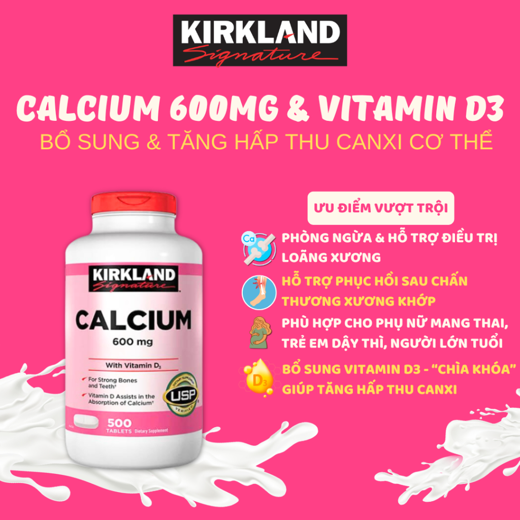 Viên uống Tăng hấp thu Canxi Kirkland Signature Calcium 600mg + Vitamin D3 - 500 viên