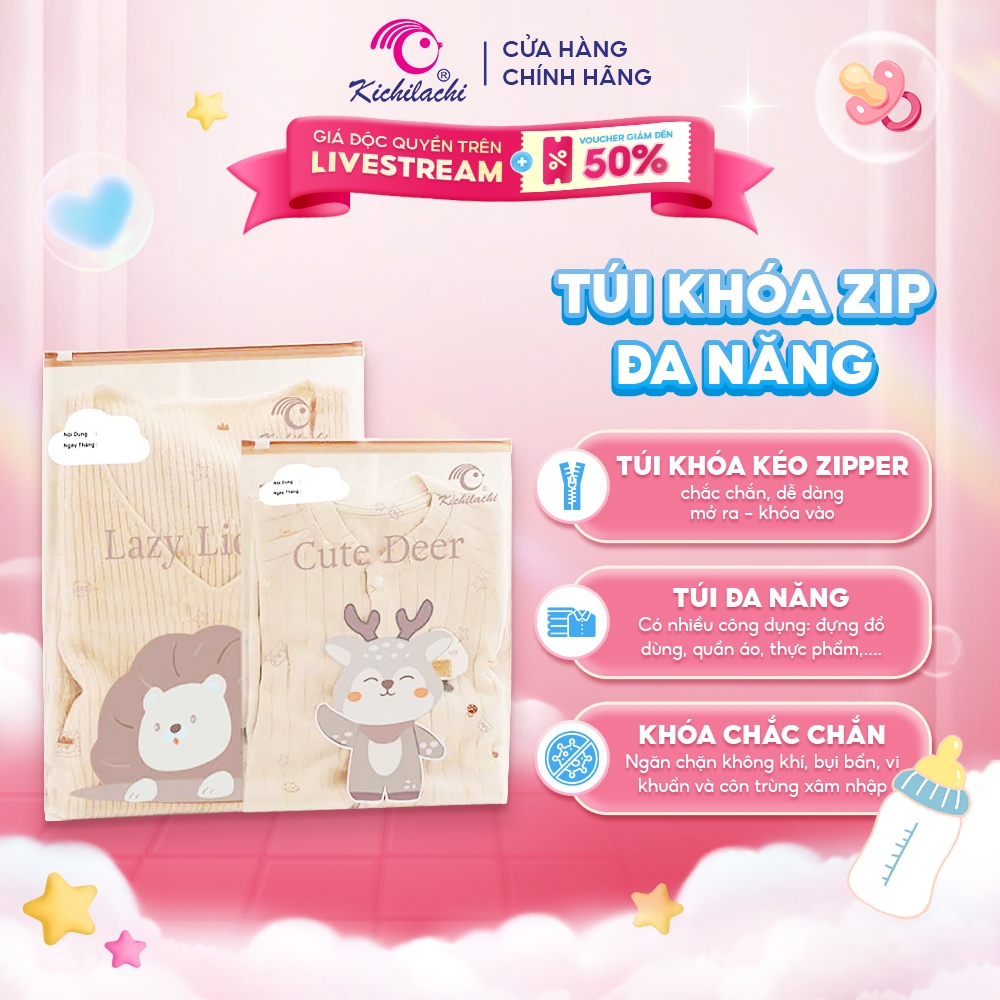 Túi khóa Zip đa năng Kichilachi nhiều size đựng quần áo, đồ sơ sinh, phụ kiện dẻo dai, tiện lợi