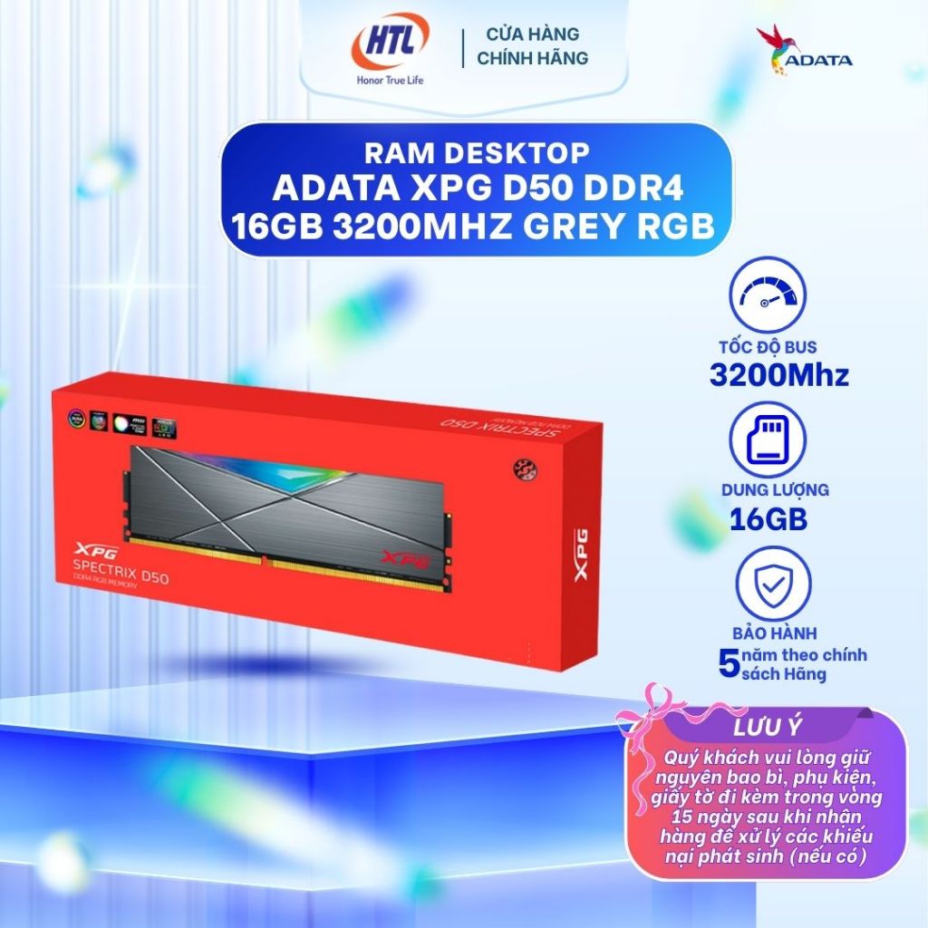 Ram Desktop ADATA XPG D50 DDR4 16GB 3200MHZ GREY RGB - AX4U320016G16A-ST50