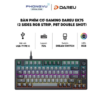 Bàn phím cơ DareU EK75 Grey-Black - Dream Switch - Layout 75% - Núm xoay Knob - Bảo hành 24 tháng