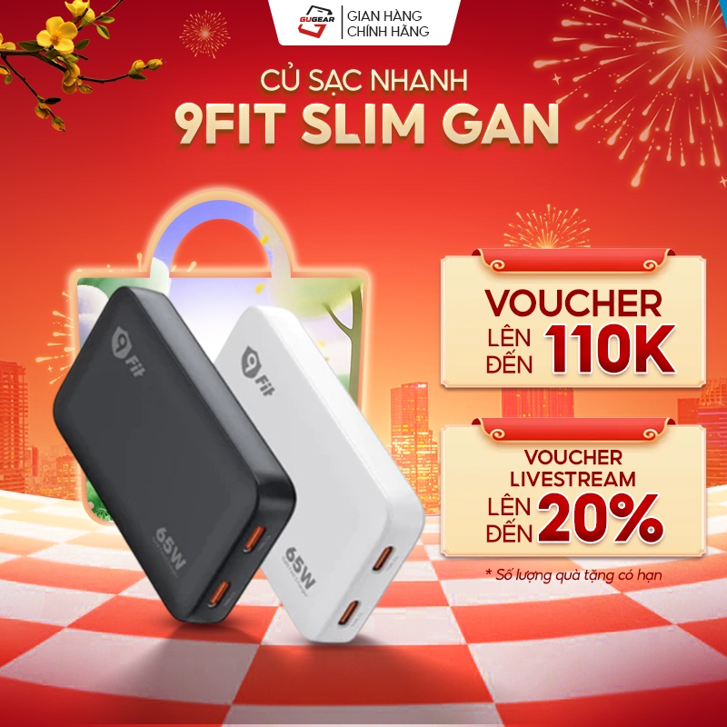 Củ Sạc Nhanh 9Fit Slim GaN 45W/65W 2 Cổng USB-C, Hỗ Trợ PD & PPS, Hàng Chính Hãng, BH 24 tháng