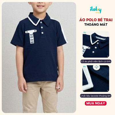 Áo polo bé trai ILABY cổ bẻ phối sọc vai chất liệu lacoste co giãn thấm hút mồ hôi tốt size đại từ 9-40kg [3414]