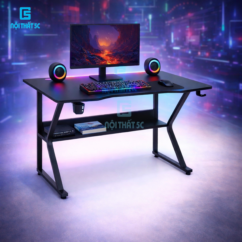 Bàn làm việc, bàn gaming chữ K uốn cong có kệ lửng, mặt bàn thiết kế gaming, chân sắt sơn tĩnh điện,mặt gỗ mdf dày 15mm