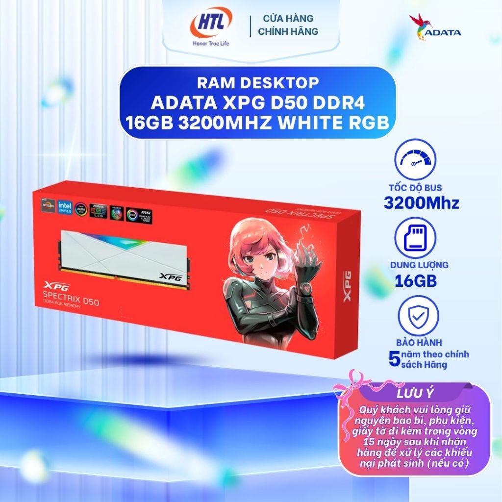 Ram Desktop ADATA XPG D50 DDR4 16GB 3200MHZ WHITE RGB (AX4U320016G16A-SW50)