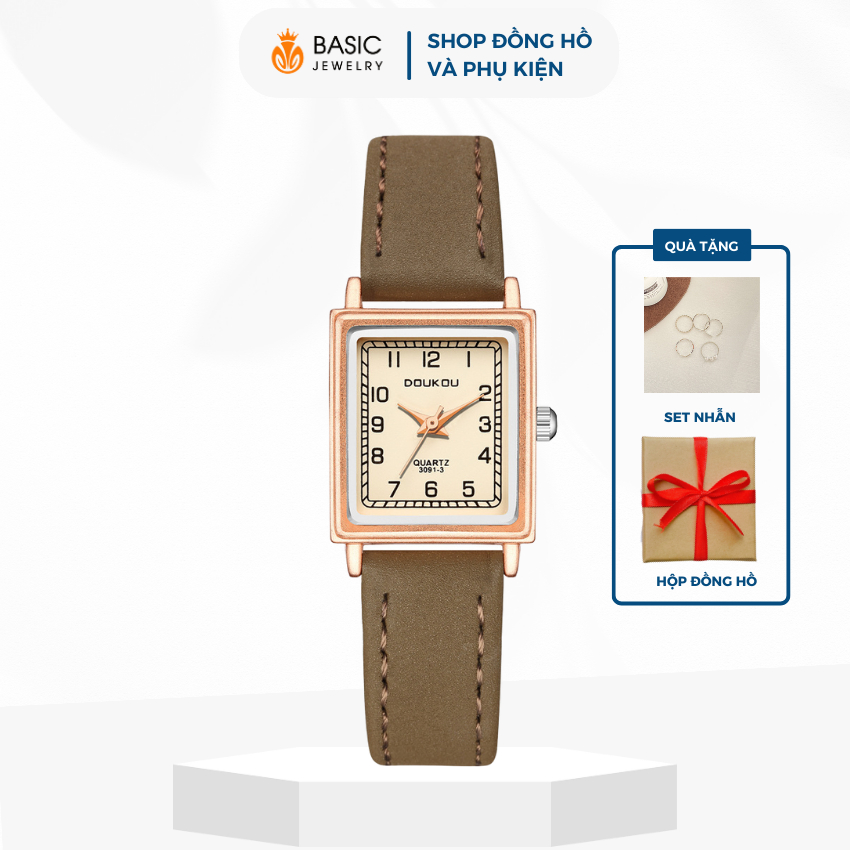 Đồng Hồ Nữ Doukou Dây Da Đeo Tay Thời Trang Cao Cấp Mặt Vuông Đẹp Thanh Lịch Basic Jewelry DK01