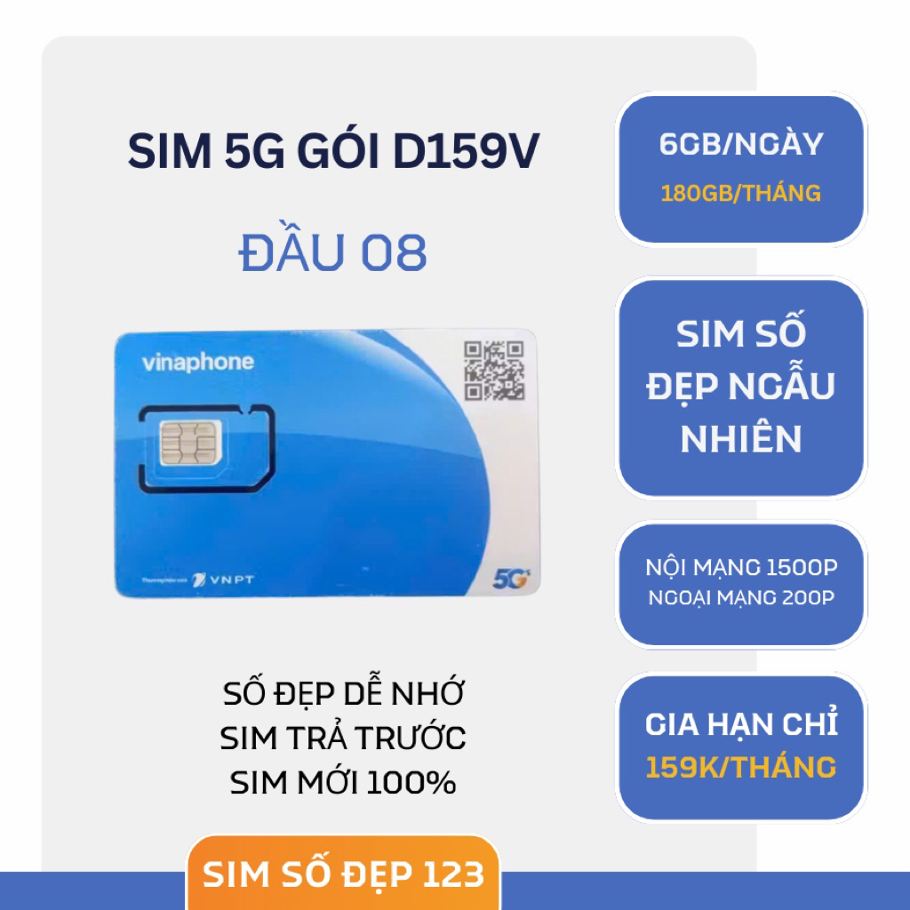 Sim Vinaphone 5G Data khủng D159V 180GB/Tháng đầu 08 - Sim số đẹp giao ngẫu nhiên