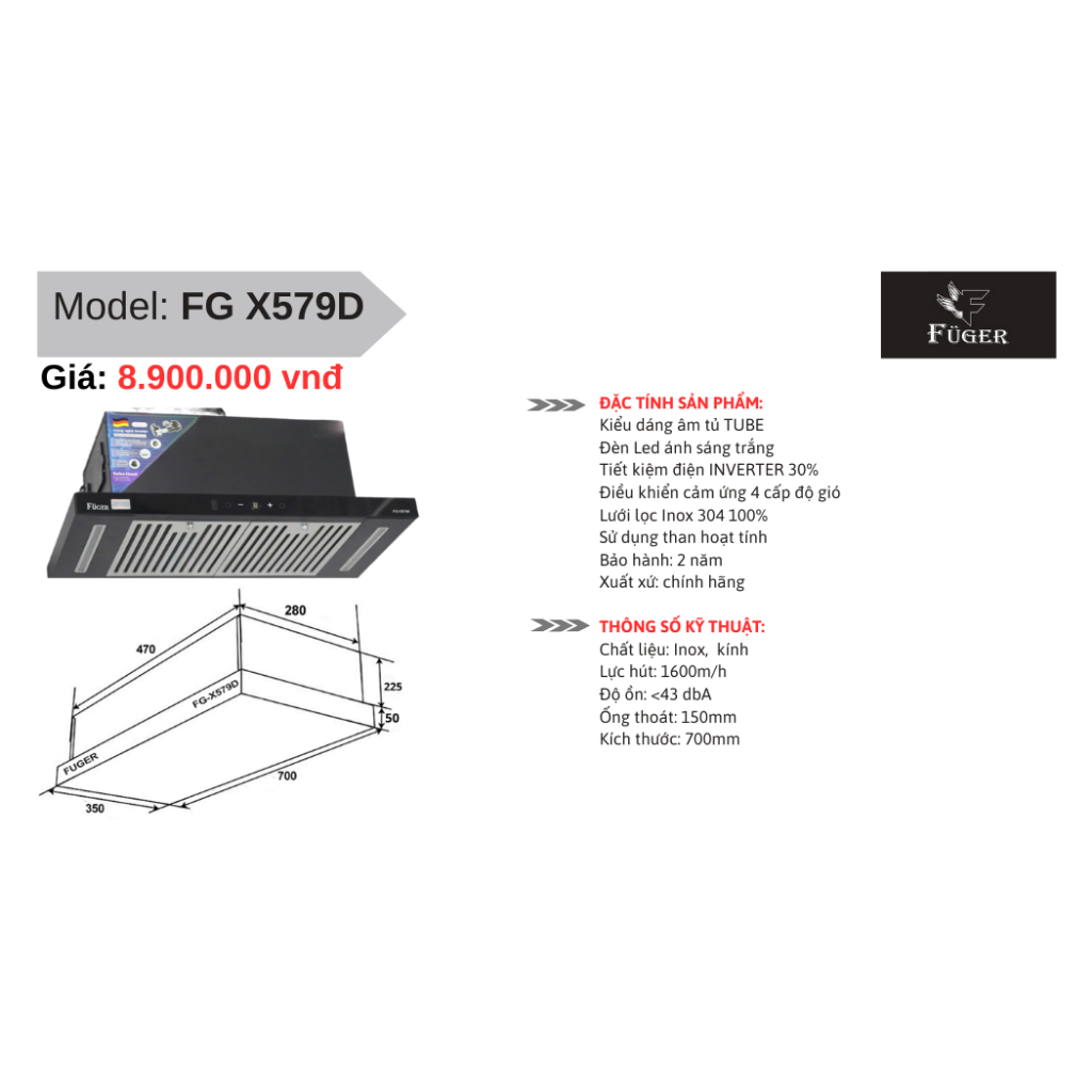 FG X579D/ Máy Hút Mùi Âm Tủ Tiết Kiệm Diện Tích - Công Suất Hút Mạnh, Chạy Êm