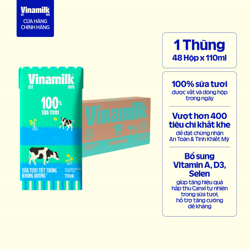 Thùng 48 Hộp Sữa tươi tiệt trùng Vinamilk 100% Không đường 110ml