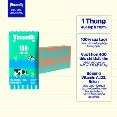 Thùng 48 Hộp Sữa tươi tiệt trùng Vinamilk 100% Không đường 110ml