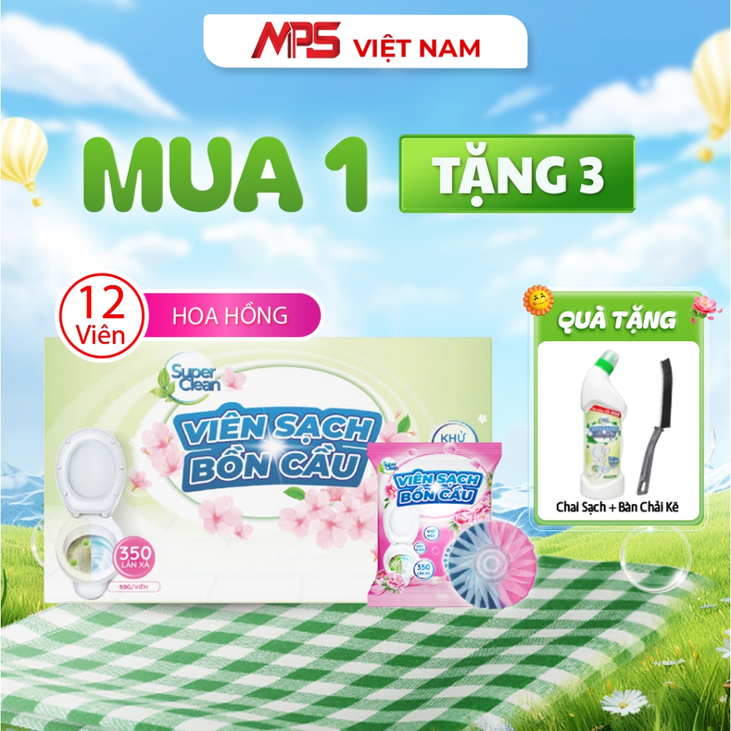 Combo 12 Viên Sạch Bồn Cầu Hoa Hồng Super Clean Tặng 1 Chai Tẩy Bồn Cầu Super Clean Với Hương Thơm T