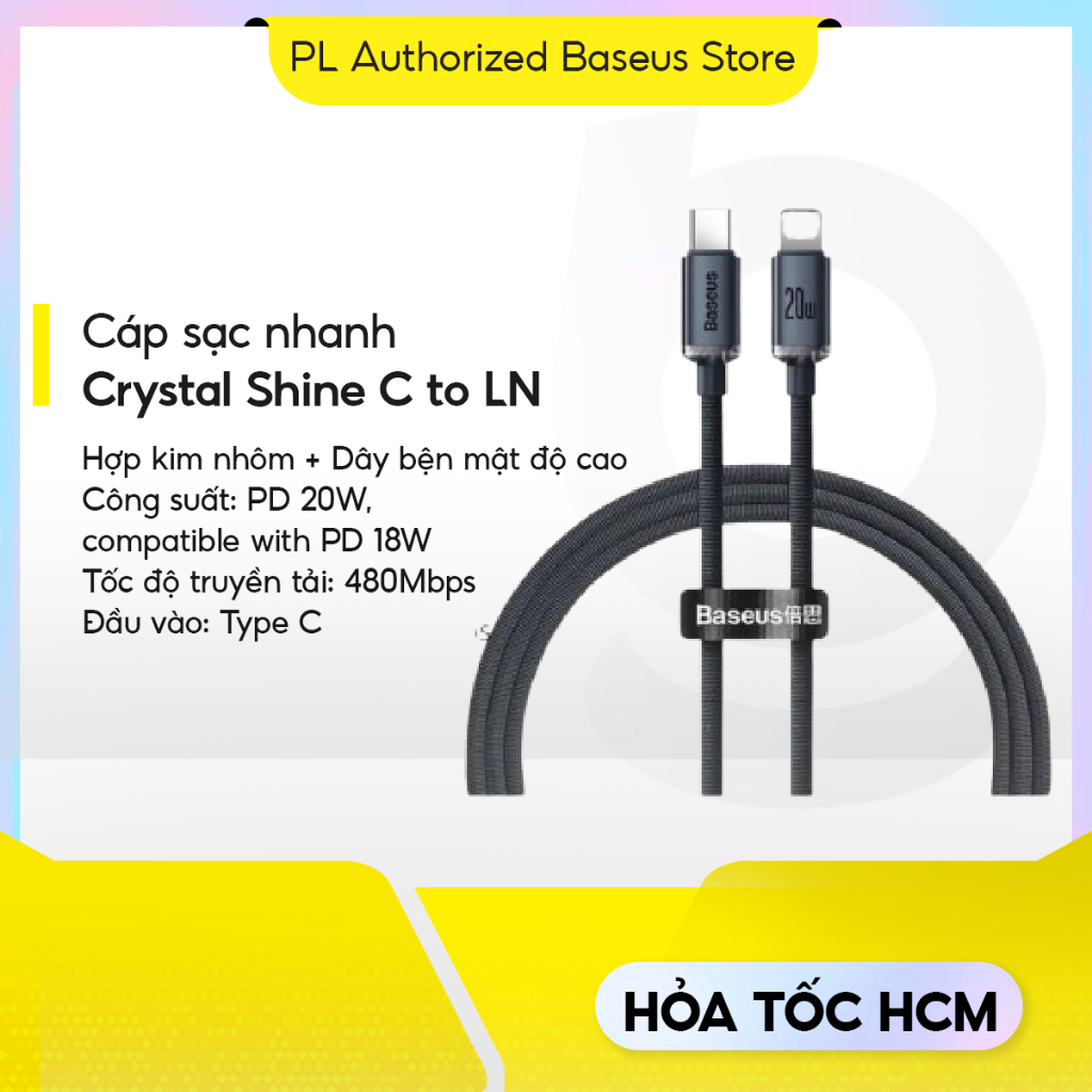 Cáp Sạc Nhanh Baseus Crystal Shine Dây dù PD 20W USB C Sang điện thoại i8-14 chống đứt gãy