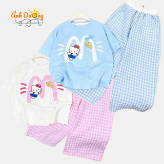 Set đồ COTTON bé gái quần áo (HELLO KITTY, QUẦN Ô VUÔNG, 2 MÀU) TMAD1