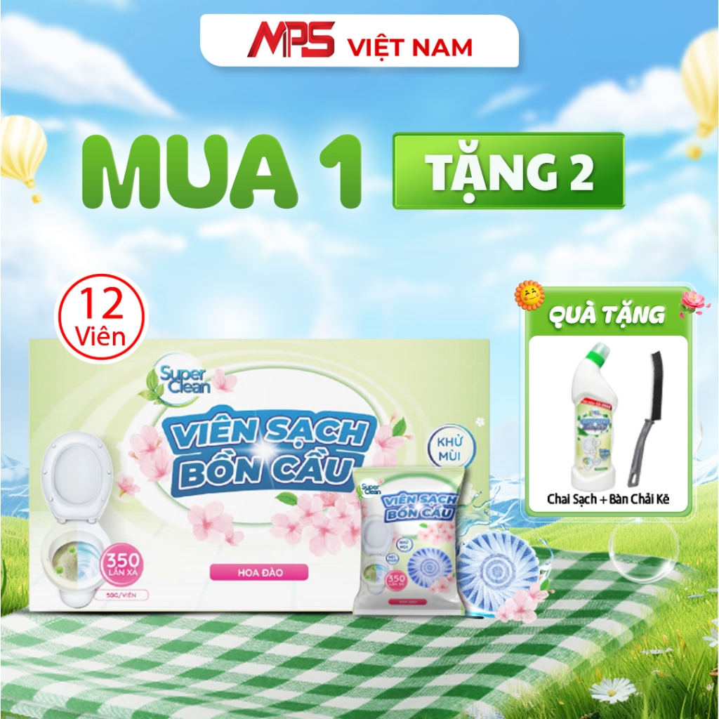 Combo 12 Viên Sạch Bồn Cầu Super Clean - Tặng 1 Chai Sạch Bồn Cầu Super Clean và 1 Bàn Chải Kẽ