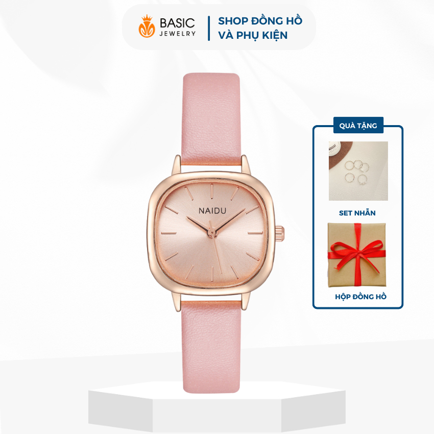 Đồng hồ nữ dây da thời trang NAIDU mặt vuông phong cách Hàn Quốc viền kim loại Basic Jewelry DH02