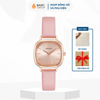 Đồng hồ nữ dây da thời trang NAIDU mặt vuông phong cách Hàn Quốc viền kim loại Basic Jewelry DH02