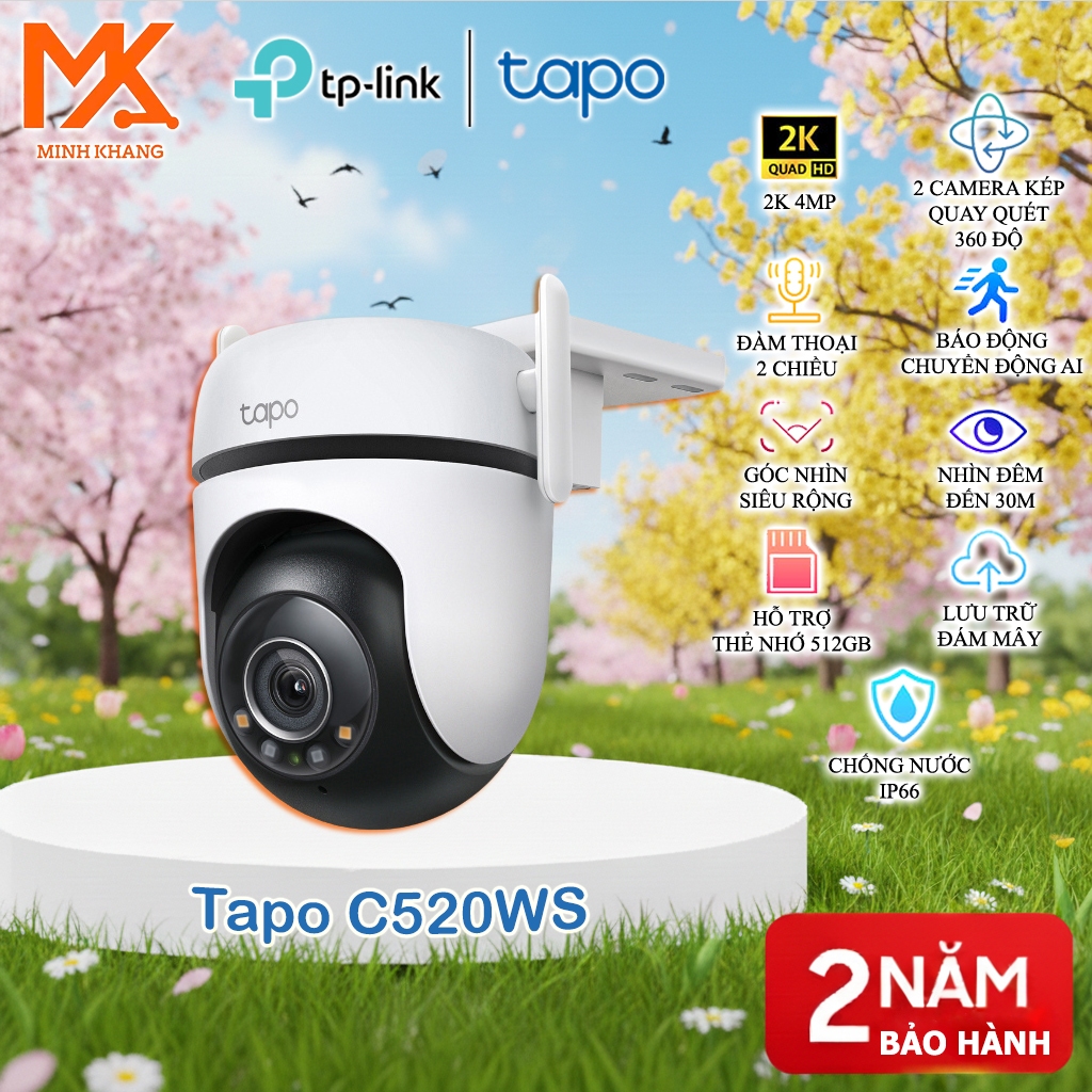 [Tapo Chính Hãng] Camera Wi-Fi Ngoài Trời Quay Quét 2K – Tapo C520WS | AI Thông Minh, Màu Đêm, Chuẩn