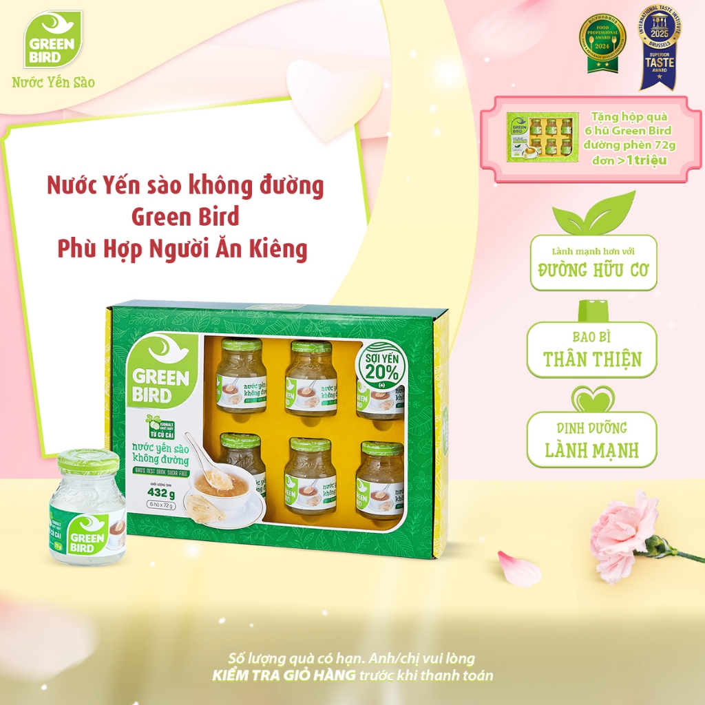 Hộp quà 6 Hũ Nước Yến Chưng Không Đường Green Bird Dễ Uống 72g
