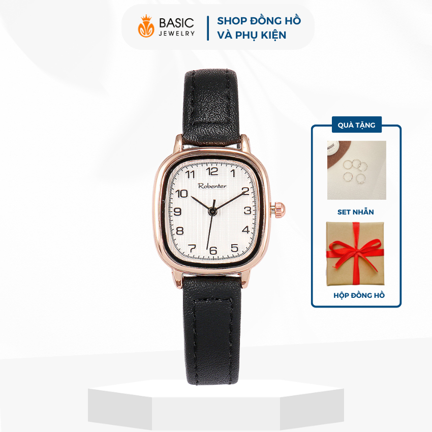 Đồng Hồ Nữ Dây Da Thời Trang Robenter DH03 Basic Jewelry Mặt Số Chữ Nhật Phù Hợp Đi Học Đi Chơi