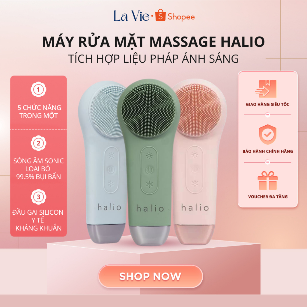 [KÈM ĐẾ] Máy rửa mặt tích hợp ánh sáng và nhiệt Halio, Ice Blue, ánh sáng đỏ/xanh| Bảo hành 12 tháng